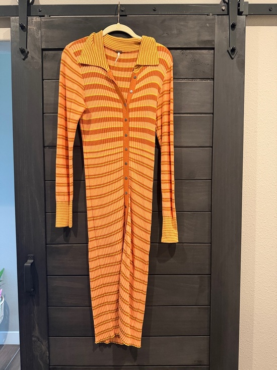 Free People Dresses & Skirts - Free People Orange & Yellow Striped Ribbed Button-Front Dress